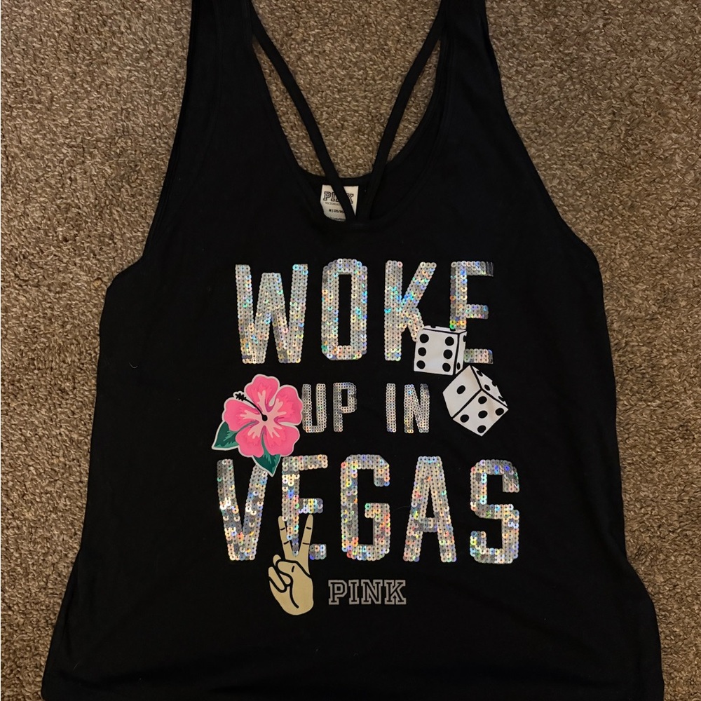 PINK Victoria's Secret Black Sleeveless Graphic sequined Tank Top - Picture 2 of 6